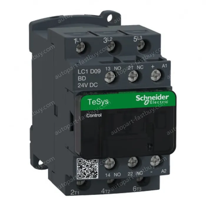 LC1D09B7 IEC contactor, TeSys Deca, nonreversing, 9A, 5HP at 480VAC, up to 100kA SCCR, 3 phase, 3 NO, 24VAC 50/60Hz coil, open style