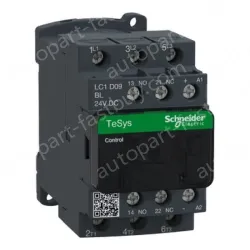 LC1D09BL IEC contactor, TeSys Deca, nonreversing, 9A, 5HP at 480VAC, up to 100kA SCCR, 3 phase, 3 NO, low consumption 24VDC coil