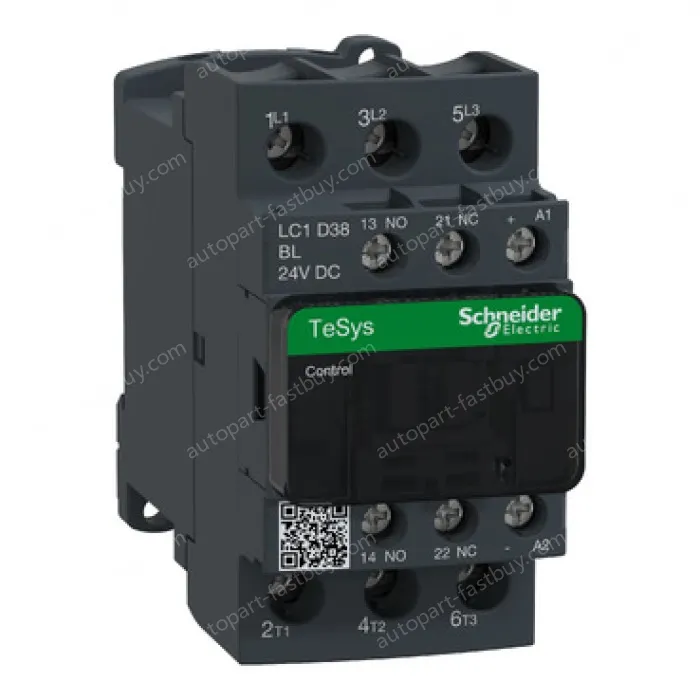 LC1D38BL IEC contactor, TeSys Deca, nonreversing, 38A, 20HP at 480VAC, up to 100kA SCCR, 3 phase, 3 NO, low consumption 24VDC coil