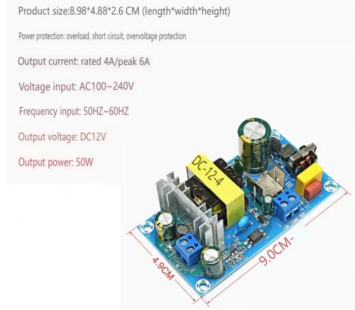 AC-DC buck module: 220V to 12V 4A isolating switching power supply module
