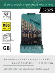 Set of 25 straight shanks containing cobalt twist drills